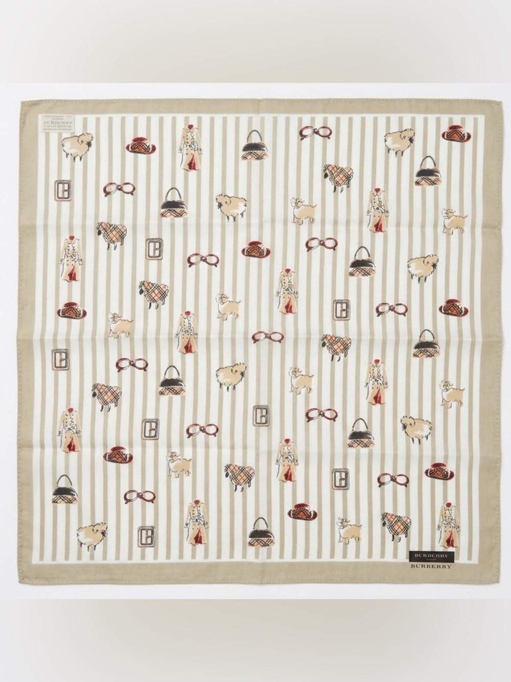Burberry London Silk Cotton Scarf Striped Trench Sheep Print Neckchief 49x49cm